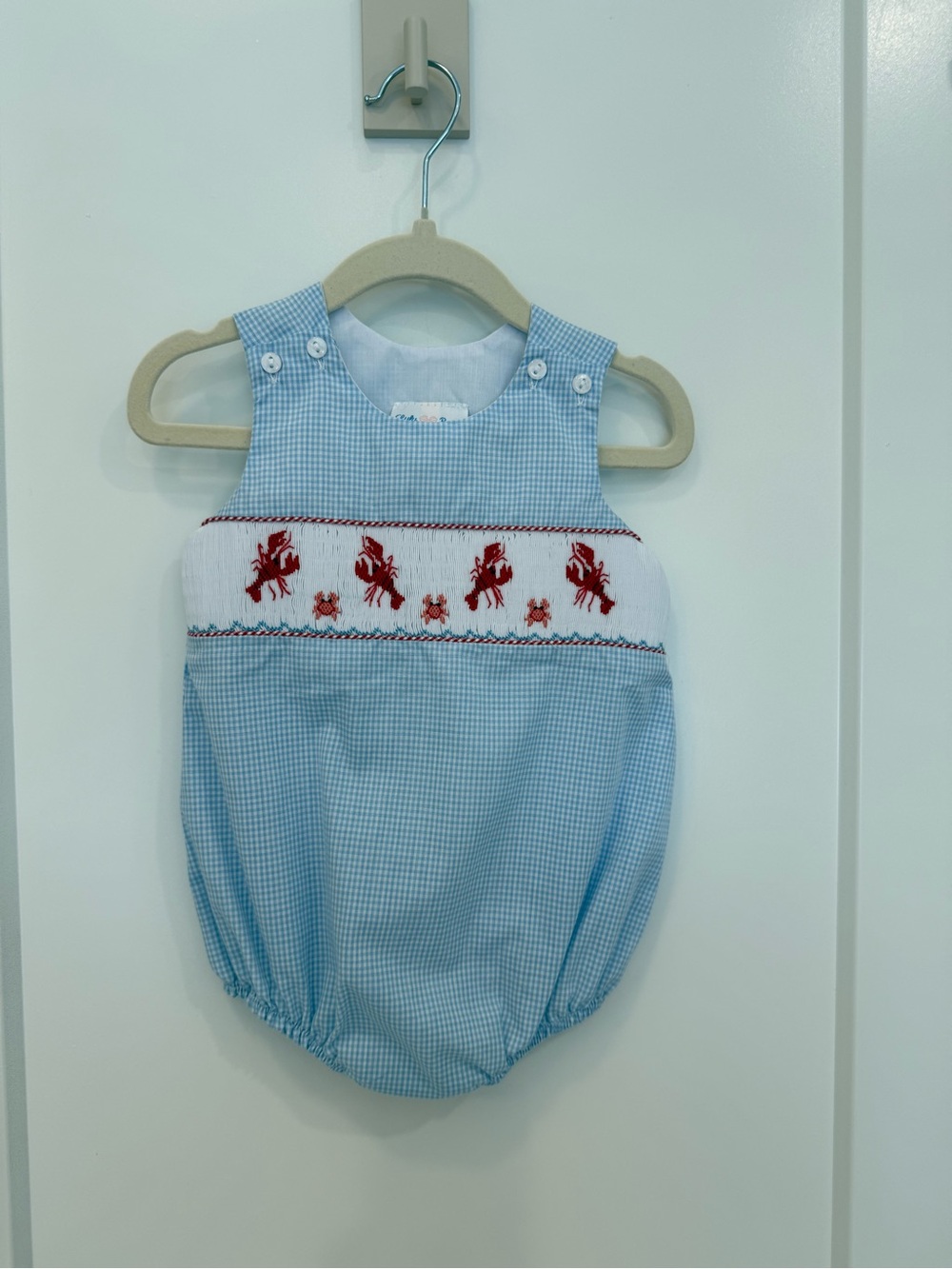 Lulu Bebe Light Blue Gingham Baby Bubble with Lobster & Crab Smocking